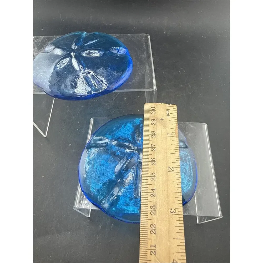 Cobalt Blue Art Glass Sand Dollar Figurine Coastal Sea Life Paperweights Pair